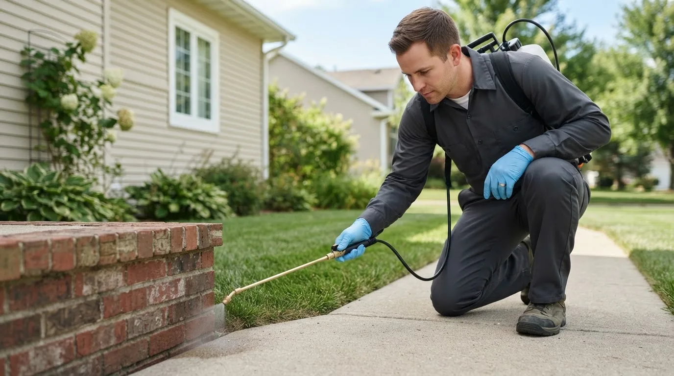 Pest control technician treating a home near San Perlita, TX