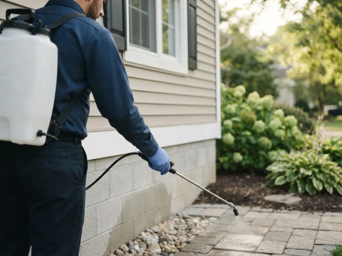 Pest control technician inspecting a home in San Perlita, TX